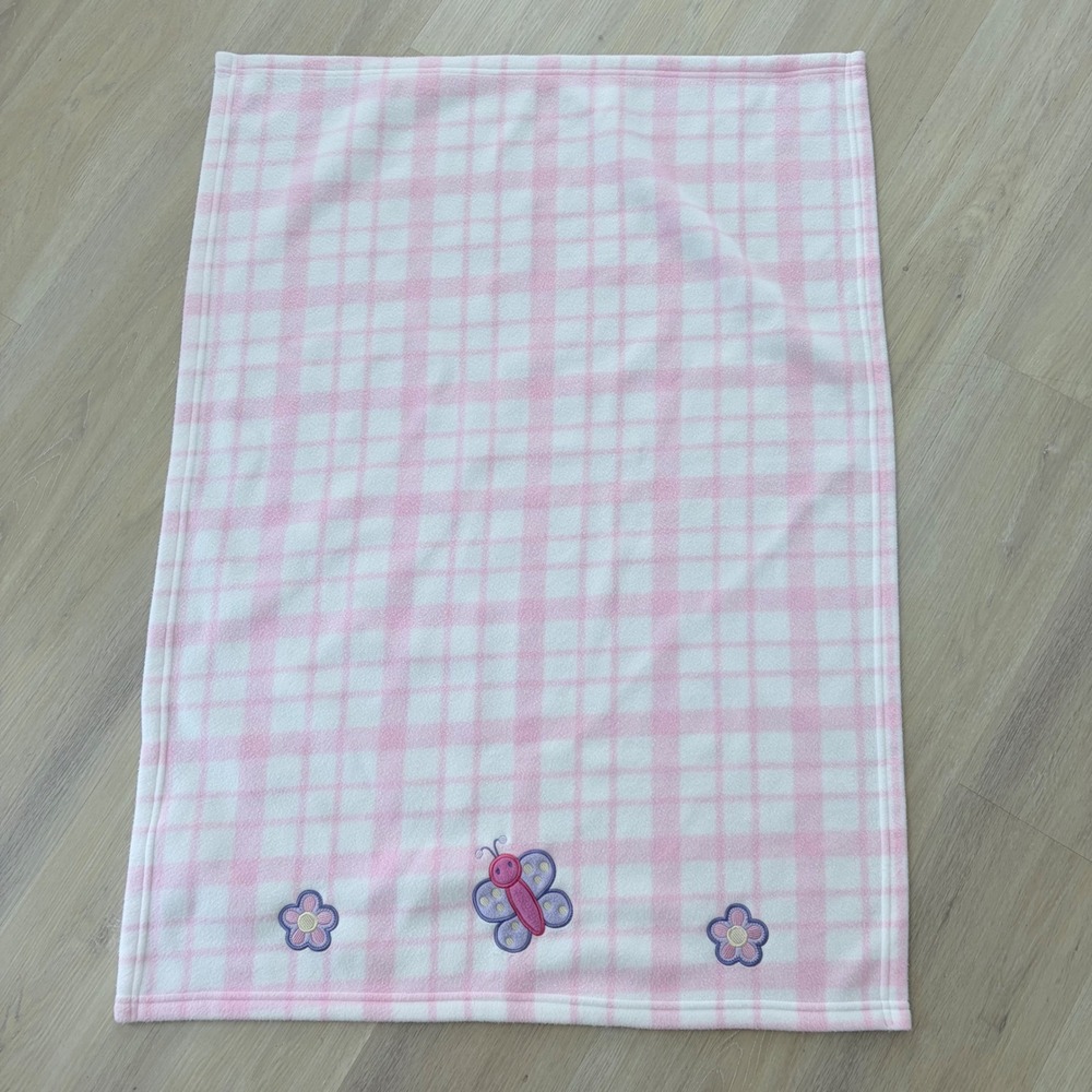 VNTG Carters Pink White Plaid Fleece Baby Blanket Butterfly Embroidered 30x40